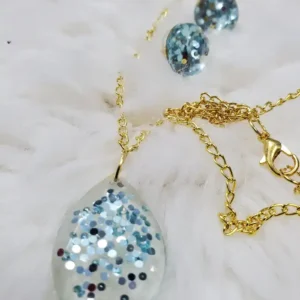 Resin Jewellery Set - Pendant & Earrings - Cyan Glitter