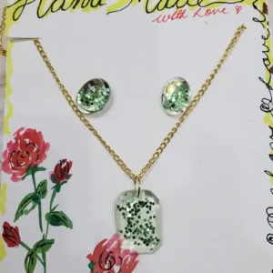 Resin Jewellery Set - Pendant & Earrings - Green Glitter